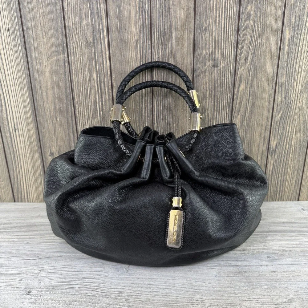Michael Kors Black Leather Drawstring Satchel Bag Braided Handles Large RARE